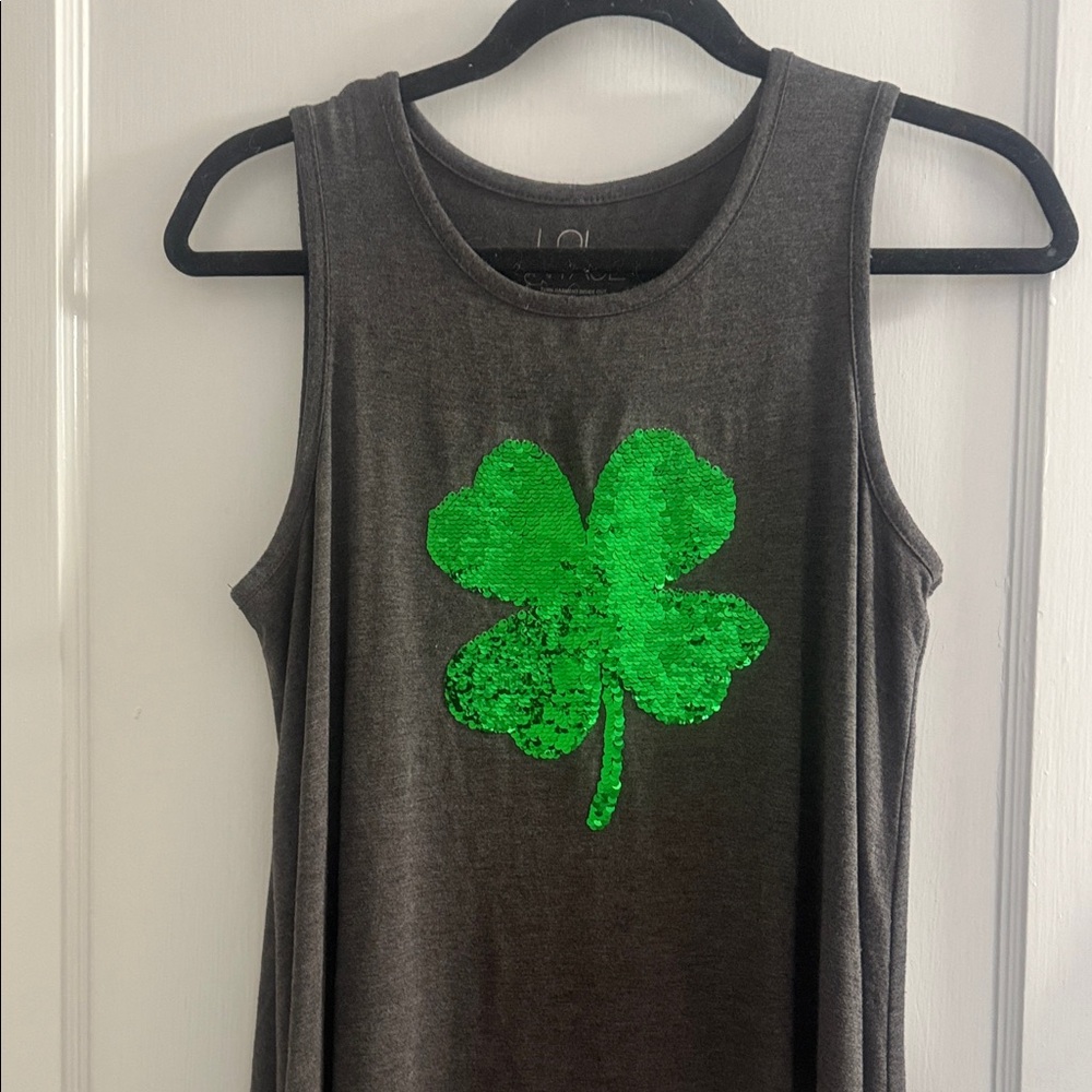 Gray Tank Top /dress  with Green Sequin Shamrock